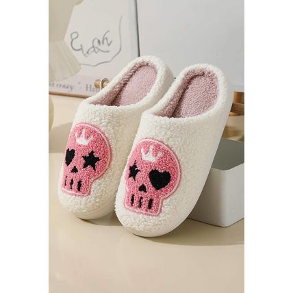White Halloween Skull Printed Plush Winter Home Slippers