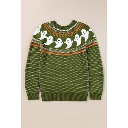 Jungle Green Halloween Ghost Pattern Drop Shoulder Sweater