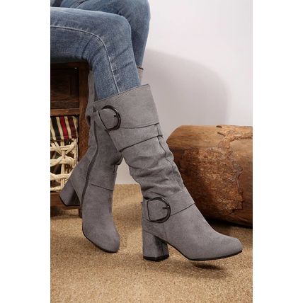 Dark Grey Suede Double Buckled Side Zipped Mid-calf Boots