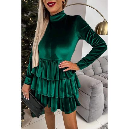 Evergreen Velvet High Neck Tiered Ruffle Mini Dress