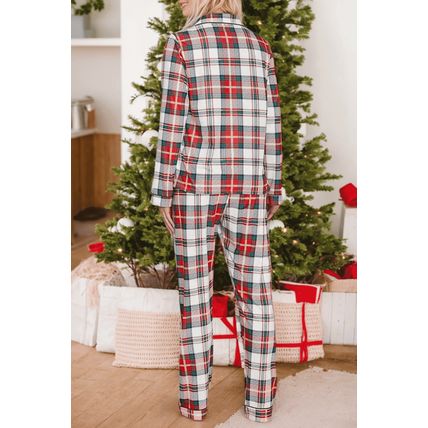 Red Christmas Plaid Print Two Piece Long Sleeve Pajamas Set