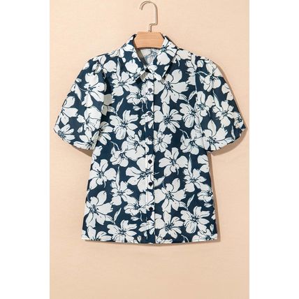 Blue Floral Short Puff Sleeve Summer Shirt