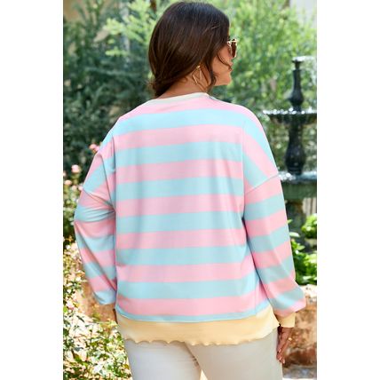 Sky Blue Stripe Drop Shoulder Crewneck Plus Size Sweatshirt