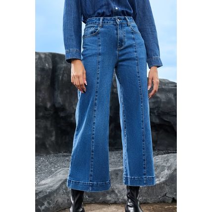 Dark Blue Plain Seam Detail Flared Bottom Ankle Length Jeans
