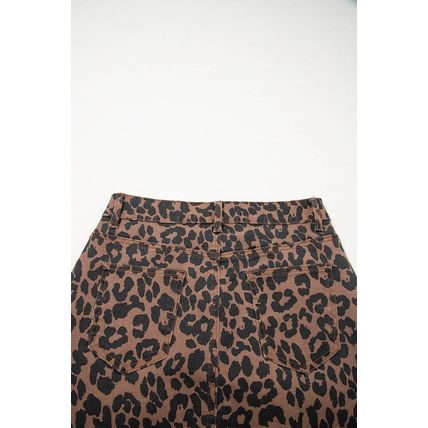 Brown Leopard Denim Frayed Split Denim Midi Skirt