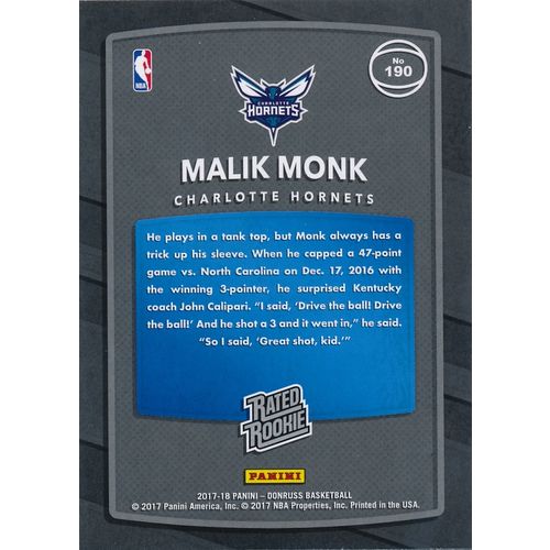 2017-18 Donruss Rated Rookie 190 Malik Monk RC Charlotte Hornets