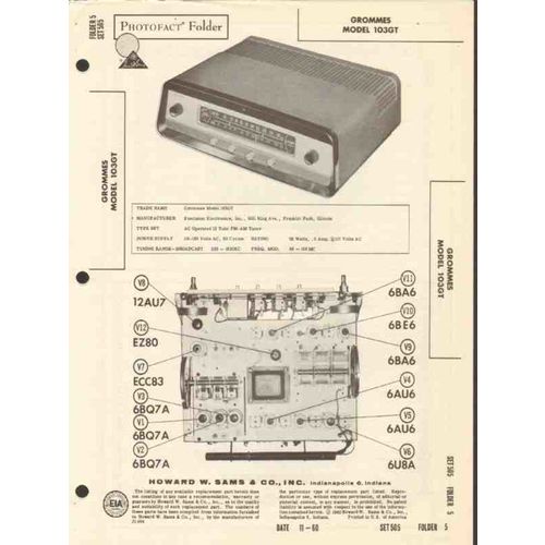 GROMMES model 103GT 12 tube AM FM radio tuner Sams Photofact manual