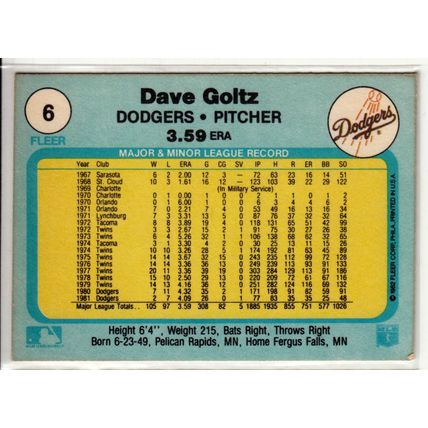 1982 Fleer baseball card 6 Dave Goltz- Dodgers