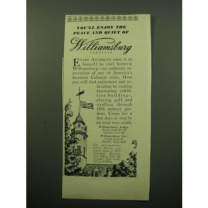 1950 Williamsburg Virginia Ad - You'll enjoy the peace and quiet of Williamsburg
