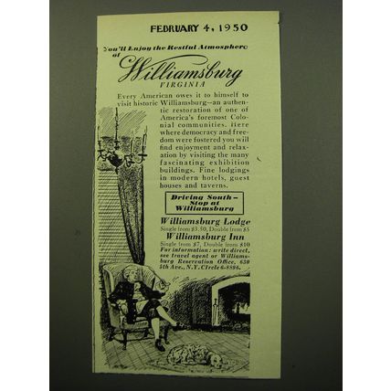 1950 Williamsburg Virginia Ad - You'll enjoy the restful atmosphere
