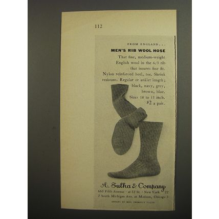 1952 A. Sulka Men's Rib Wool Hose Ad - From England