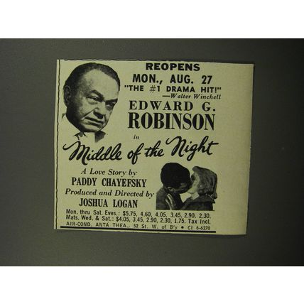 1956 Middle of the Night Play Ad - Reopens Mon., Aug. 27 The #1 Drama Hit!