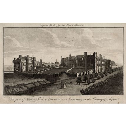 PROSPECT OF BATTLE ABBY, A BENEDICTINE MONASTERY 1771 ANTIQUE ENGRAVING