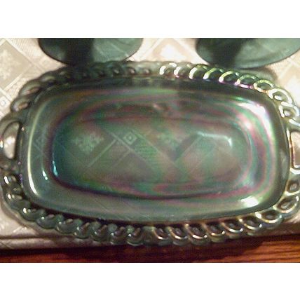 Carnival Glass blue creamer / sugar with tray