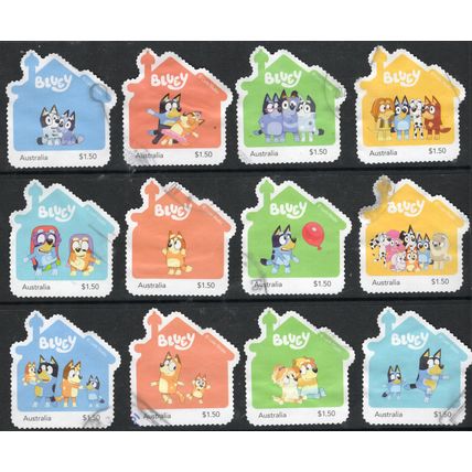 2024: KIDS' SHOWTIME GREATS, BLUEY, SET OF 12 USED SELF-ADHESIVE MYSTAMPS.