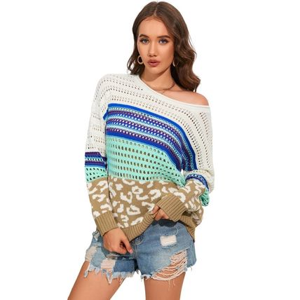 Multicolor Leopard Striped Mix Pattern Knit Crochet Sweater