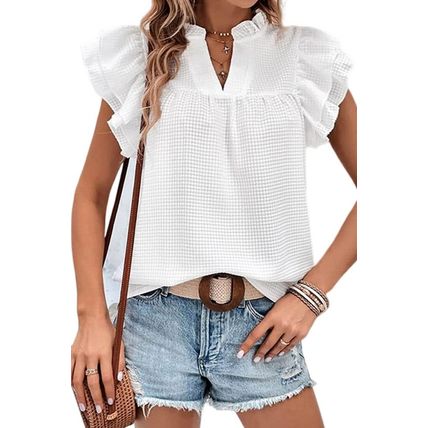 White Ruffle Accent Flutter Sleeve Notch Neck Top