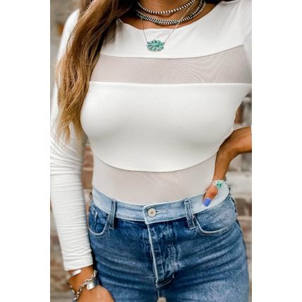 White Mesh Patchwork Long Sleeve Bodysuit