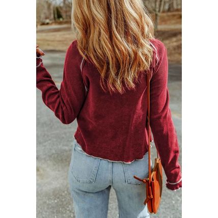 Red Textured Round Neck Long Sleeve Top