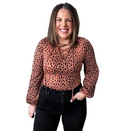 Leopard Plus Size Puff Sleeve V Neck Lace-up Slim Top