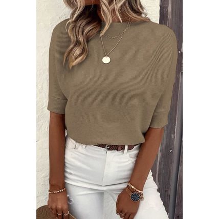 Coffee Round Neck Half Sleeve Ribbed Knit Top