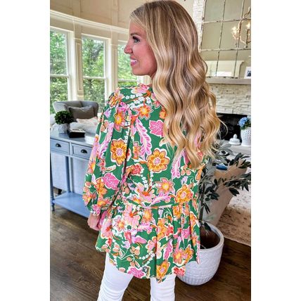 Green Floral Puff Sleeve V Neck Peplum Blouse