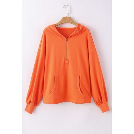 Orange Solid Kangaroo Pocket Half Zipper Oversized Hoodie