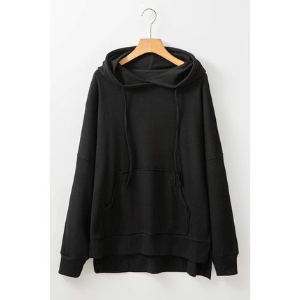 Black Waffle Knit Fleece Lined High Low Oversized Hoodie