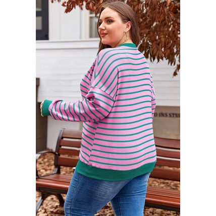 Pink Stripe Waffle Knit Crew Neck Plus Size Sweatshirt