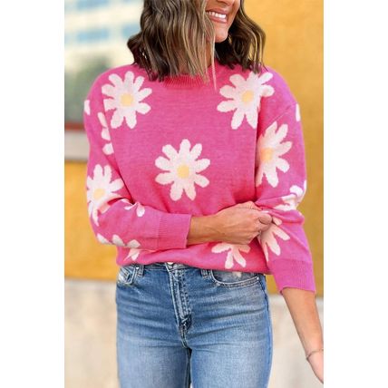 Bright Pink Daisy Flower Crew Neck Long Sleeve Sweater