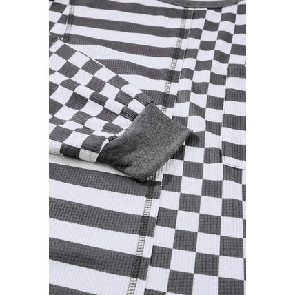 Dark Grey Checkerboard Striped Patchwork Lantern Sleeve Pocketed Blouse