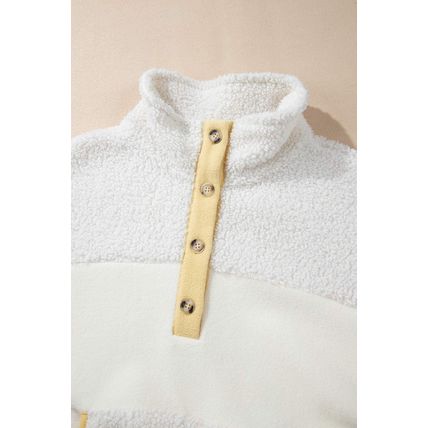 Beige Fleece Colorblock Trim Buttons Collar Sweatshirt with Pocket