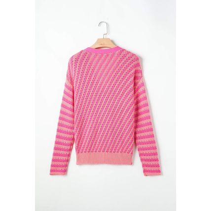 Pink Striped Buttoned V Neck Drop Shoulder Cardigan