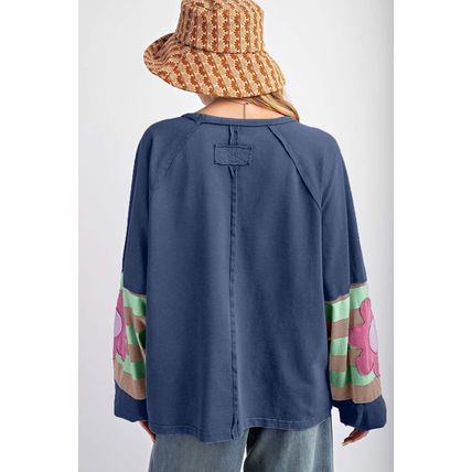 Sail Blue Flower Patchwork Raglan Sleeve Exposed Seam Oversized Top