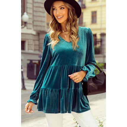 Sea Green Velvet V Neck Peplum Hem Puff Sleeve Blouse