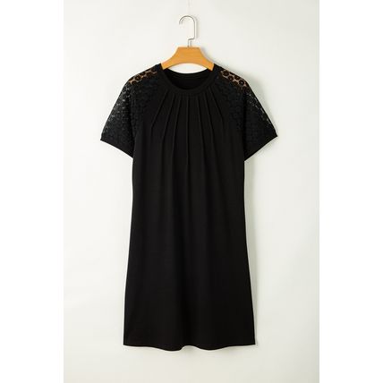 Black Contrast Lace Raglan Sleeve Pleated Detail Shift Dress