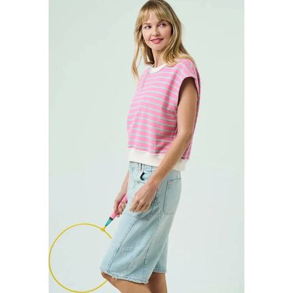 Sachet Pink Striped Crew Neck Cap Sleeve T Shirt