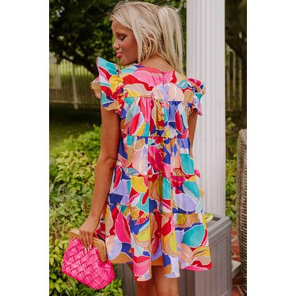 Pink Abstract Printed Ruffled Flutter Sleeve Tiered Mini Dress