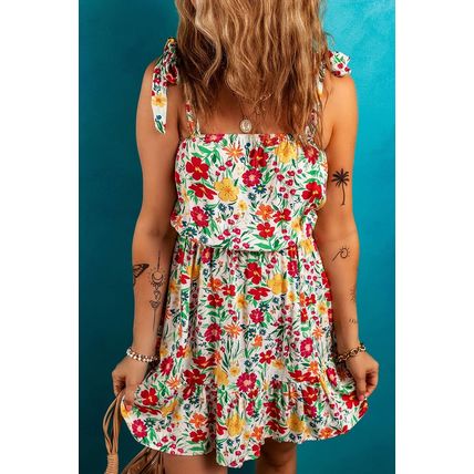 Red Floral Knotted Straps Cinched Waist Ruffle Hem Mini Dress