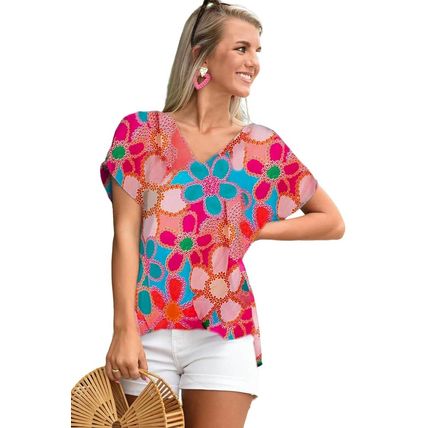 Pink Abstract Print V Neck Dolman Blouse