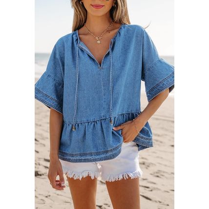 Dusk Blue Denim Ruffled Sleeve Lace up Front Peplum Top