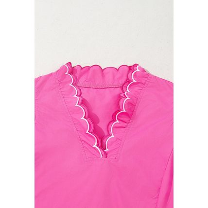 Bright Pink Contrast Scallop Trim Layered Short Sleeve V Neck Blouse