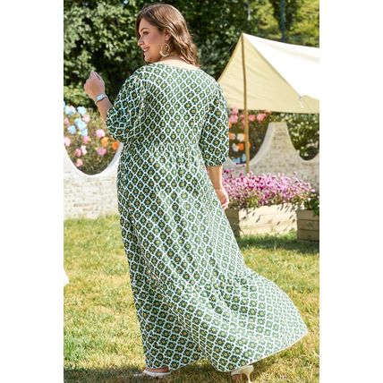 Green Geometric Floral Print Half Sleeve Plus Size Maxi Dress