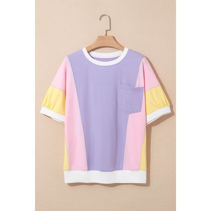 Purple Color Block Patchwork Half Sleeve Oversized T Shirt