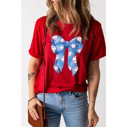 Red Rugby Bowknot Graphic Crew Neck Tee
