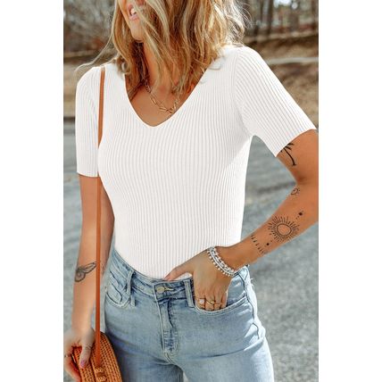 White V Neck Ribbed Knit Lightweight Short Sleeve Sweater