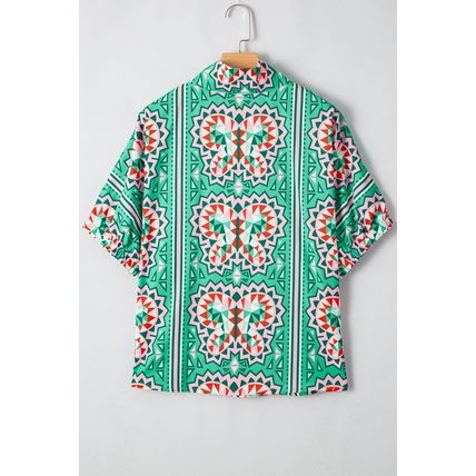 Sea Green Boho Abstract Print Contrast Striped Collared V Neck Blouse