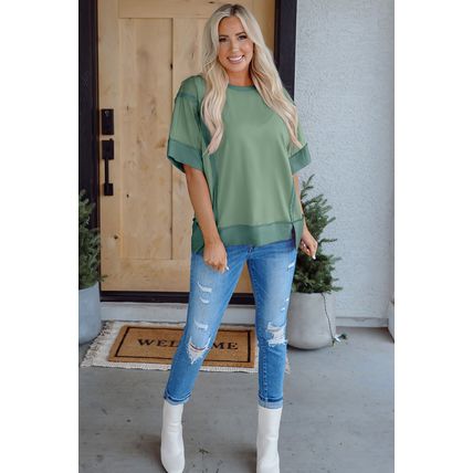 Smoke Green Half Sleeve Raw Seam High Low Side Split Top