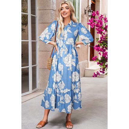Sky Blue Floral Print Shirt Collar Button Down 3/4 Sleeve Ruffle Hem Long Dress