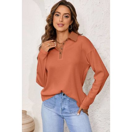 Gold Flame Solid Color Long Sleeve Thermal Knit Polo Collar Patchwork Top